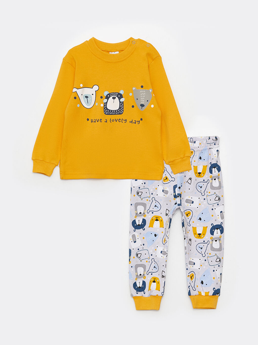 Sarı Bisiklet Yaka Uzun Kollu Baskılı Erkek Bebek Pijama Takım