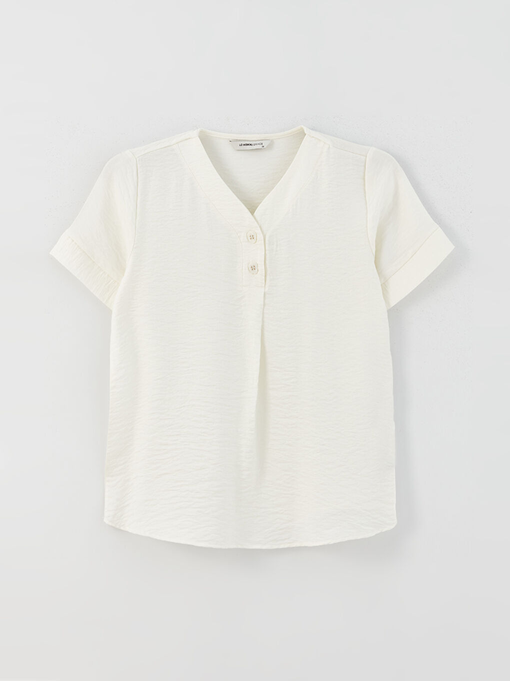 Beyaz V Yaka Düz Kısa Kollu Kadın Bluz-5