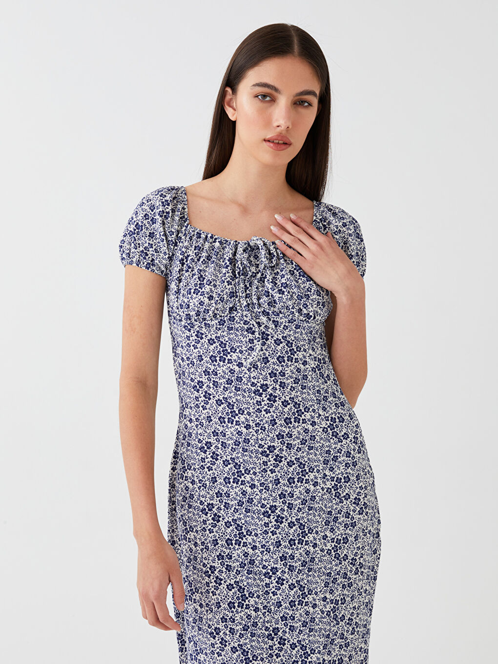 Mavi Kayık Yaka Çiçekli Kısa Kollu Kadın Elbise-1