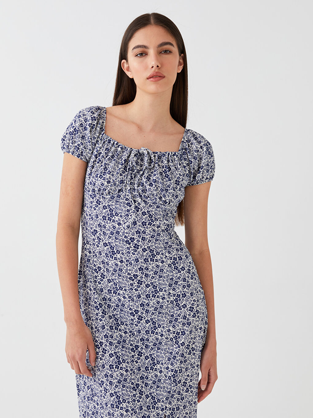 Mavi Kayık Yaka Çiçekli Kısa Kollu Kadın Elbise-2