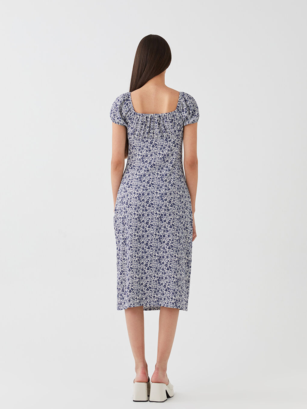 Mavi Kayık Yaka Çiçekli Kısa Kollu Kadın Elbise-4