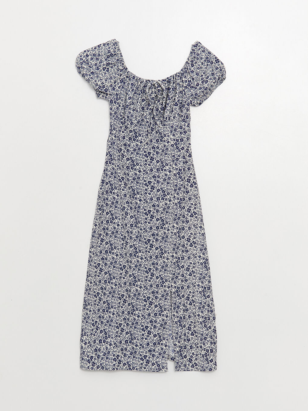 Mavi Kayık Yaka Çiçekli Kısa Kollu Kadın Elbise-5