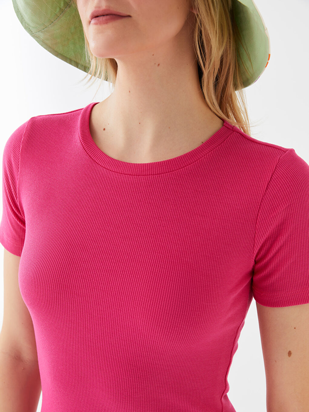 Fuşya Bisiklet Yaka Düz Kısa Kollu Kadın Bodycon Elbise-2