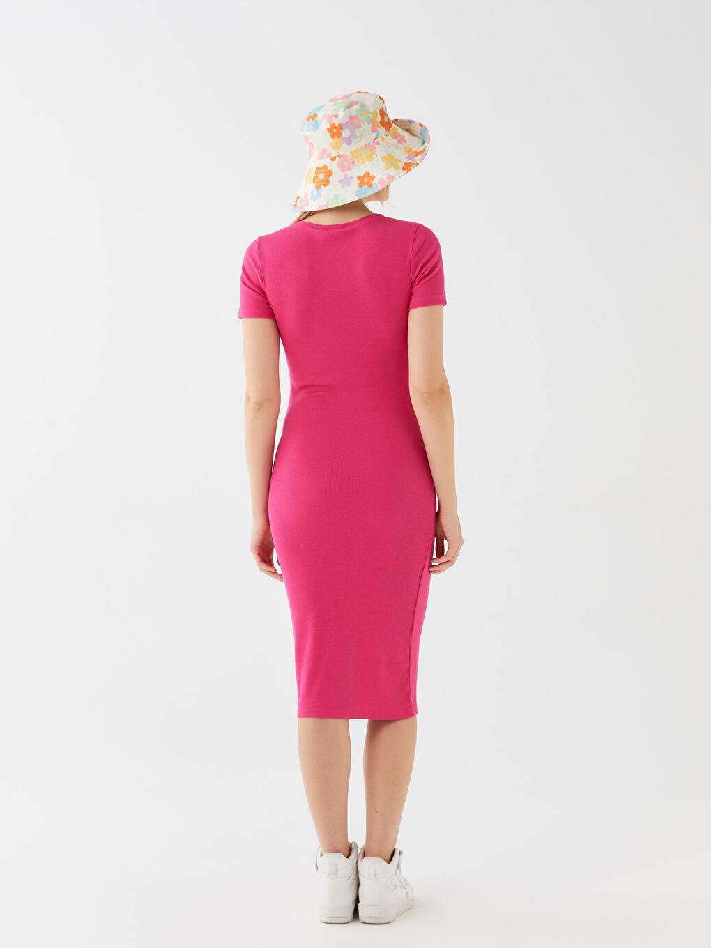 Fuşya Bisiklet Yaka Düz Kısa Kollu Kadın Bodycon Elbise-3