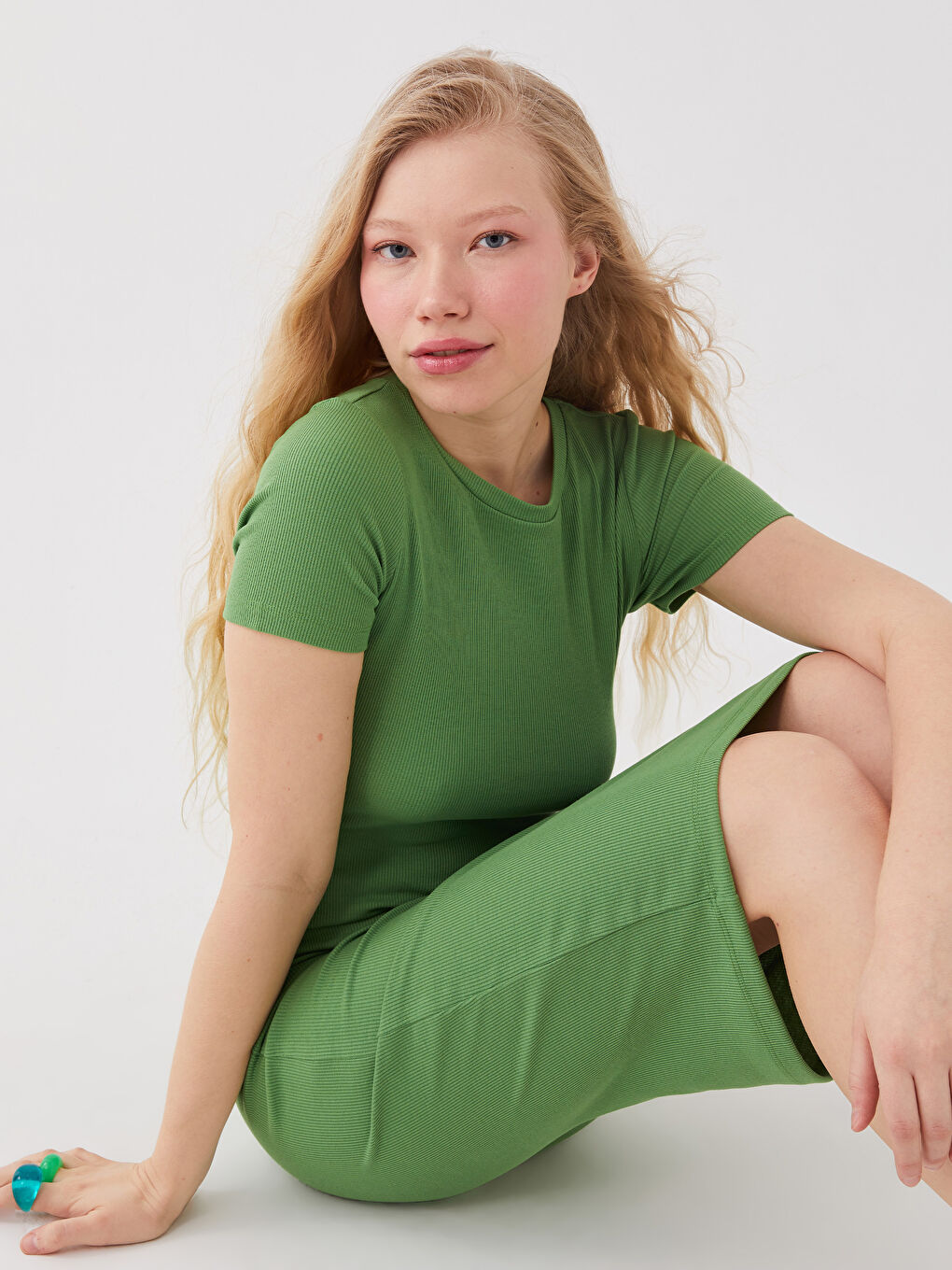 Yeşil Bisiklet Yaka Düz Kısa Kollu Kadın Bodycon Elbise