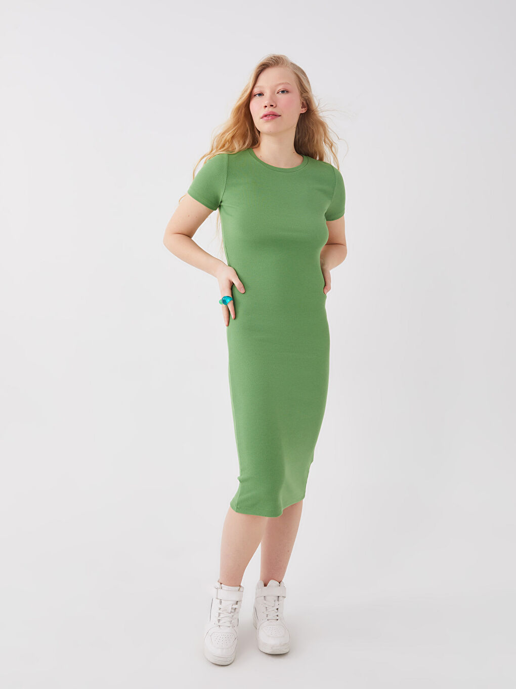 Yeşil Bisiklet Yaka Düz Kısa Kollu Kadın Bodycon Elbise-1