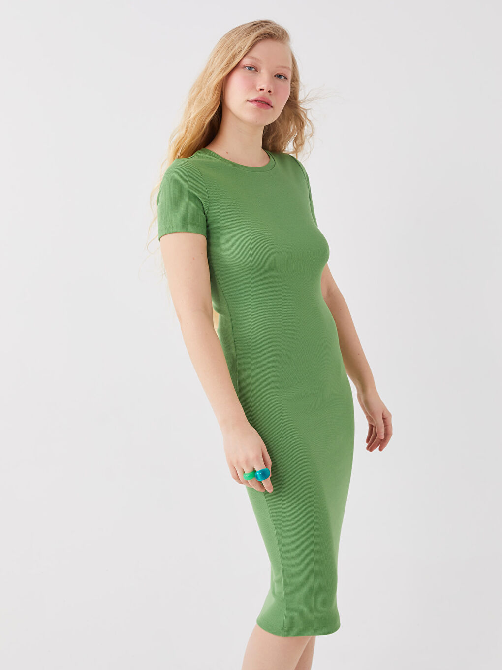 Yeşil Bisiklet Yaka Düz Kısa Kollu Kadın Bodycon Elbise-2