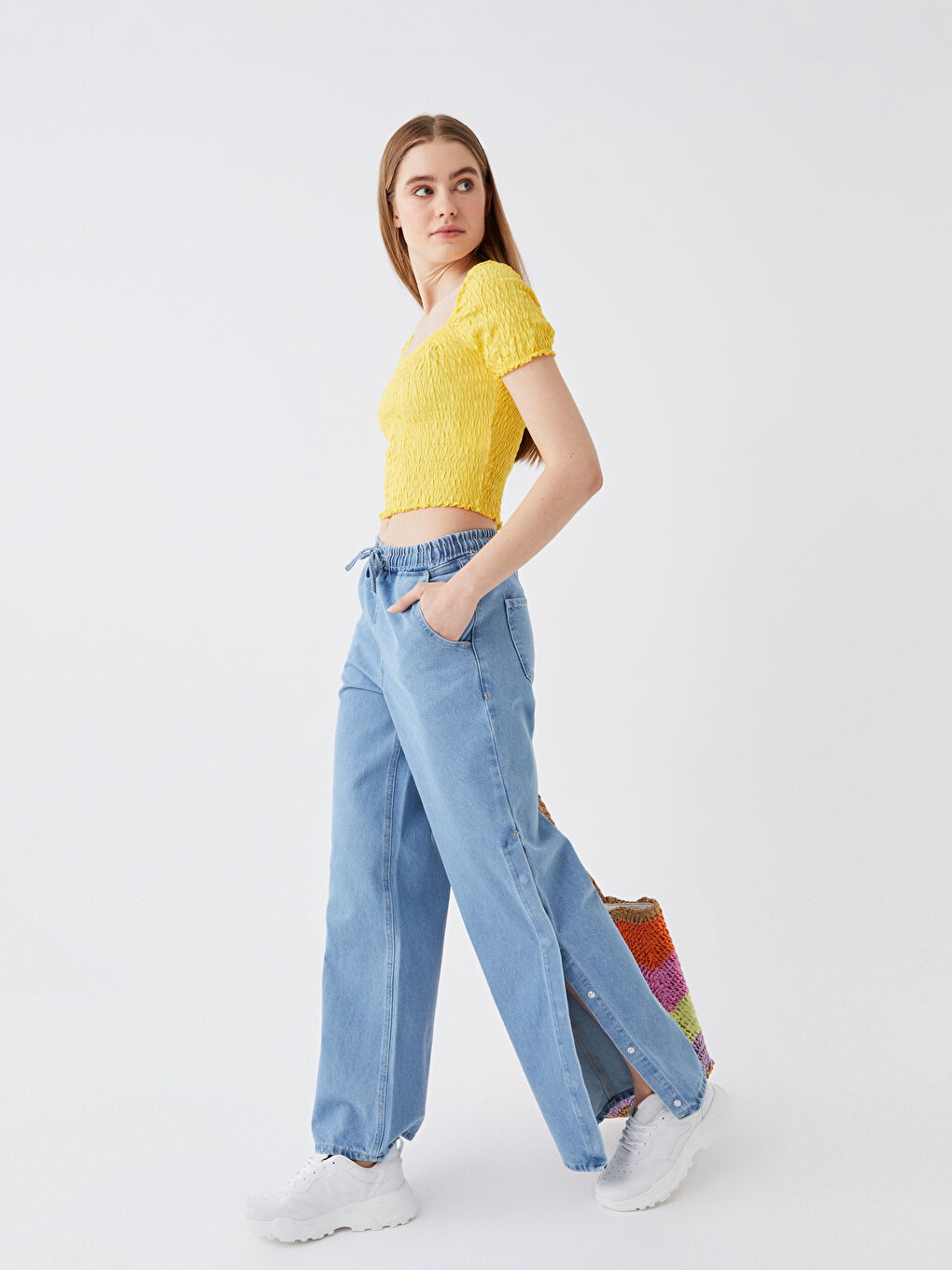 İndigo Beli Lastikli Wideleg Kadın Jean Pantolon