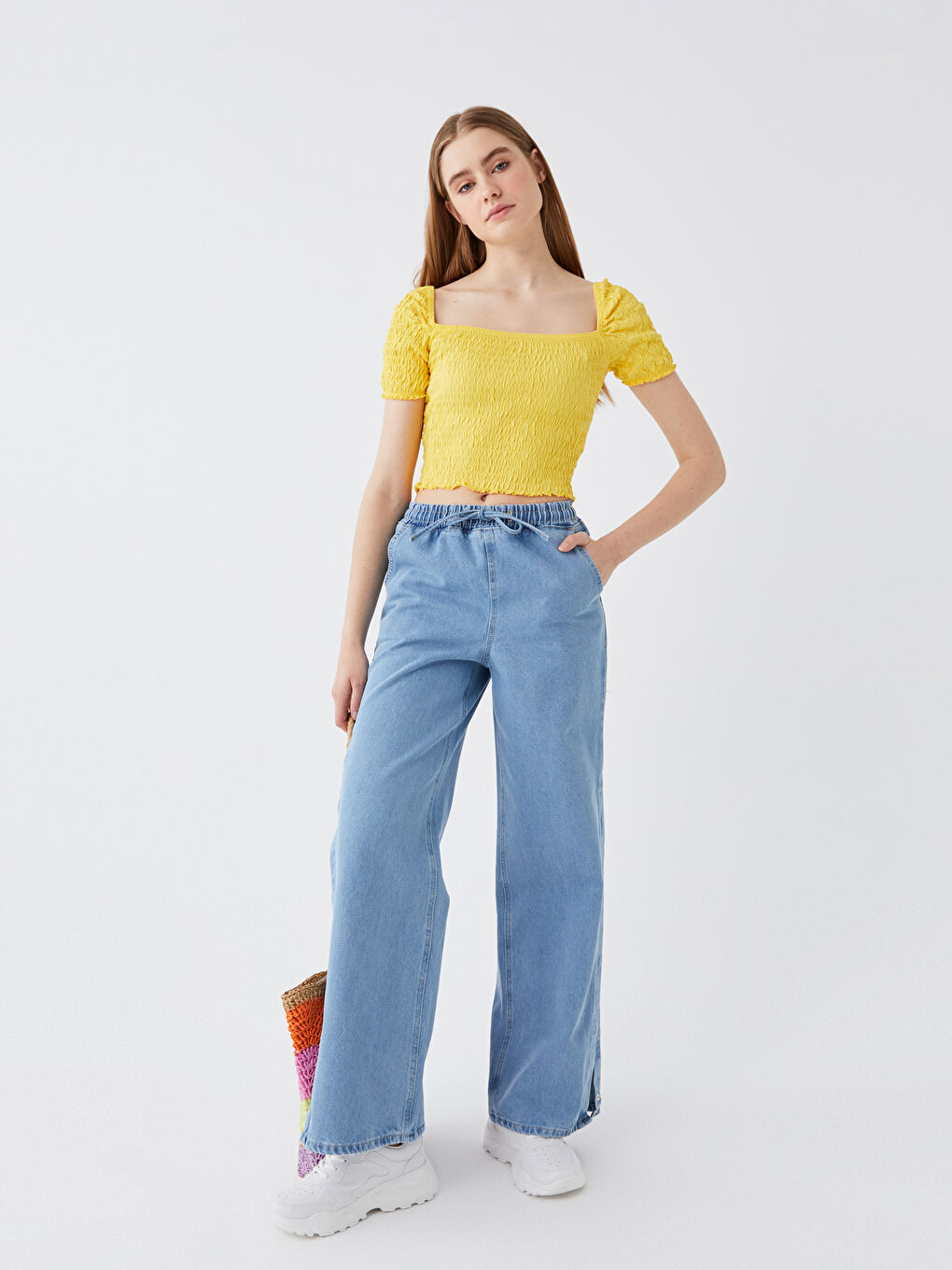 İndigo Beli Lastikli Wideleg Kadın Jean Pantolon-1