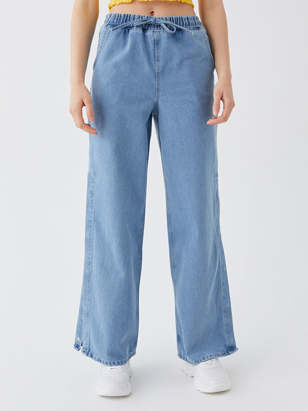 İndigo Beli Lastikli Wideleg Kadın Jean Pantolon-2