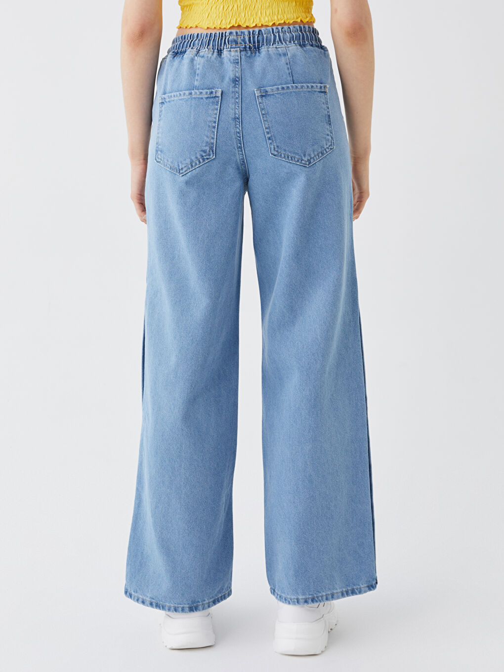 İndigo Beli Lastikli Wideleg Kadın Jean Pantolon-4