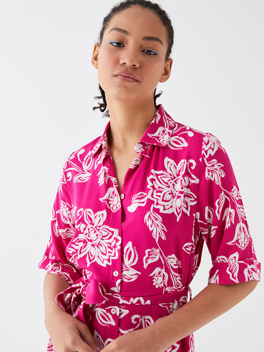 Fuşya Çiçekli Kısa Kollu Kadın Gömlek Elbise-2