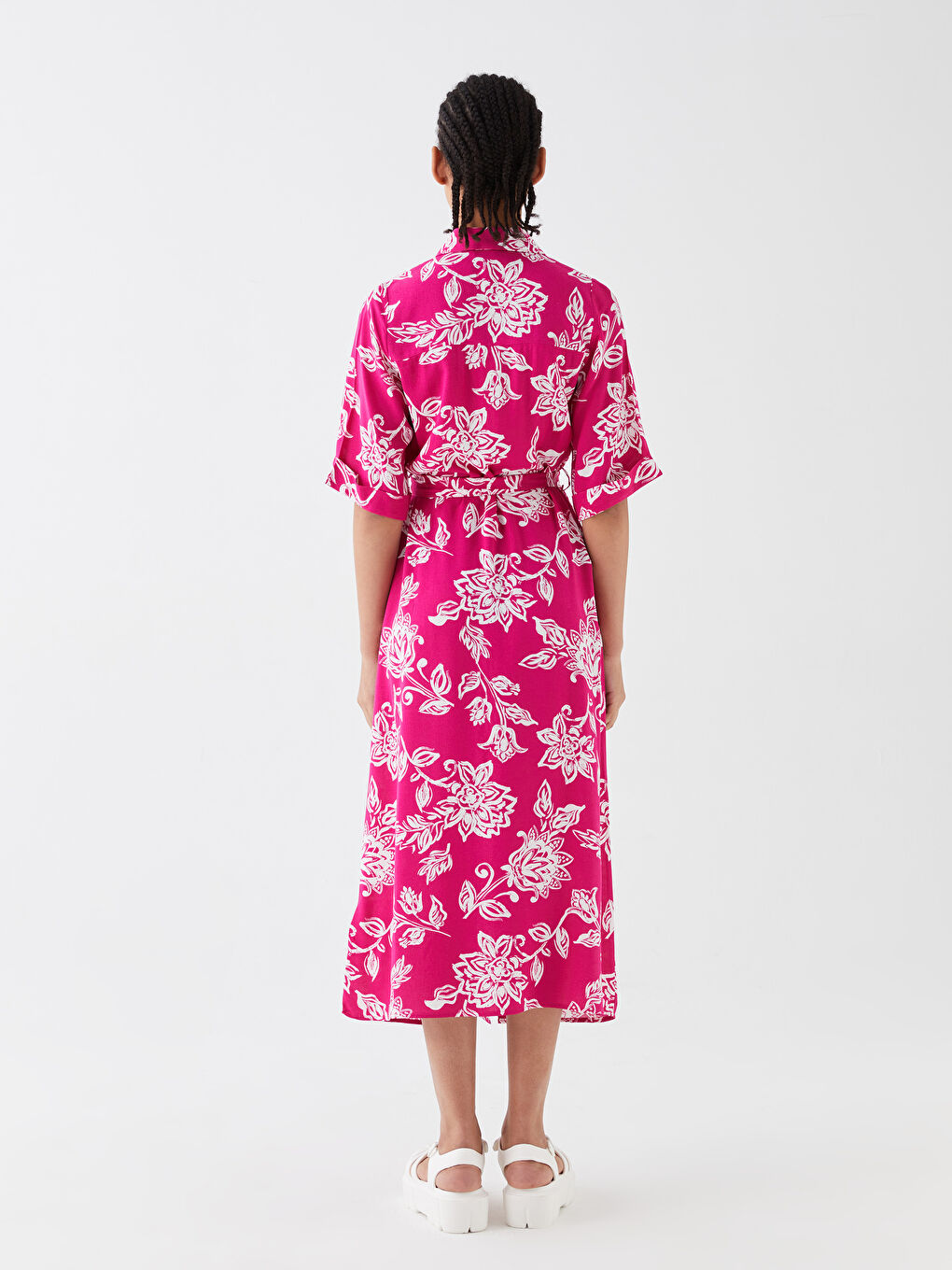 Fuşya Çiçekli Kısa Kollu Kadın Gömlek Elbise-4