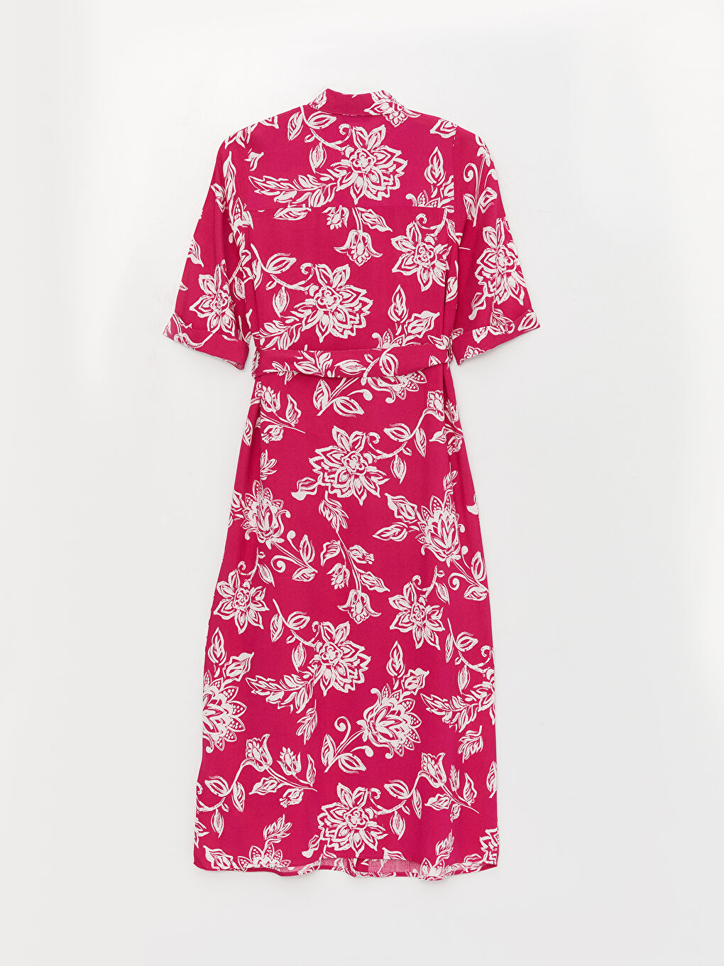 Fuşya Çiçekli Kısa Kollu Kadın Gömlek Elbise-6
