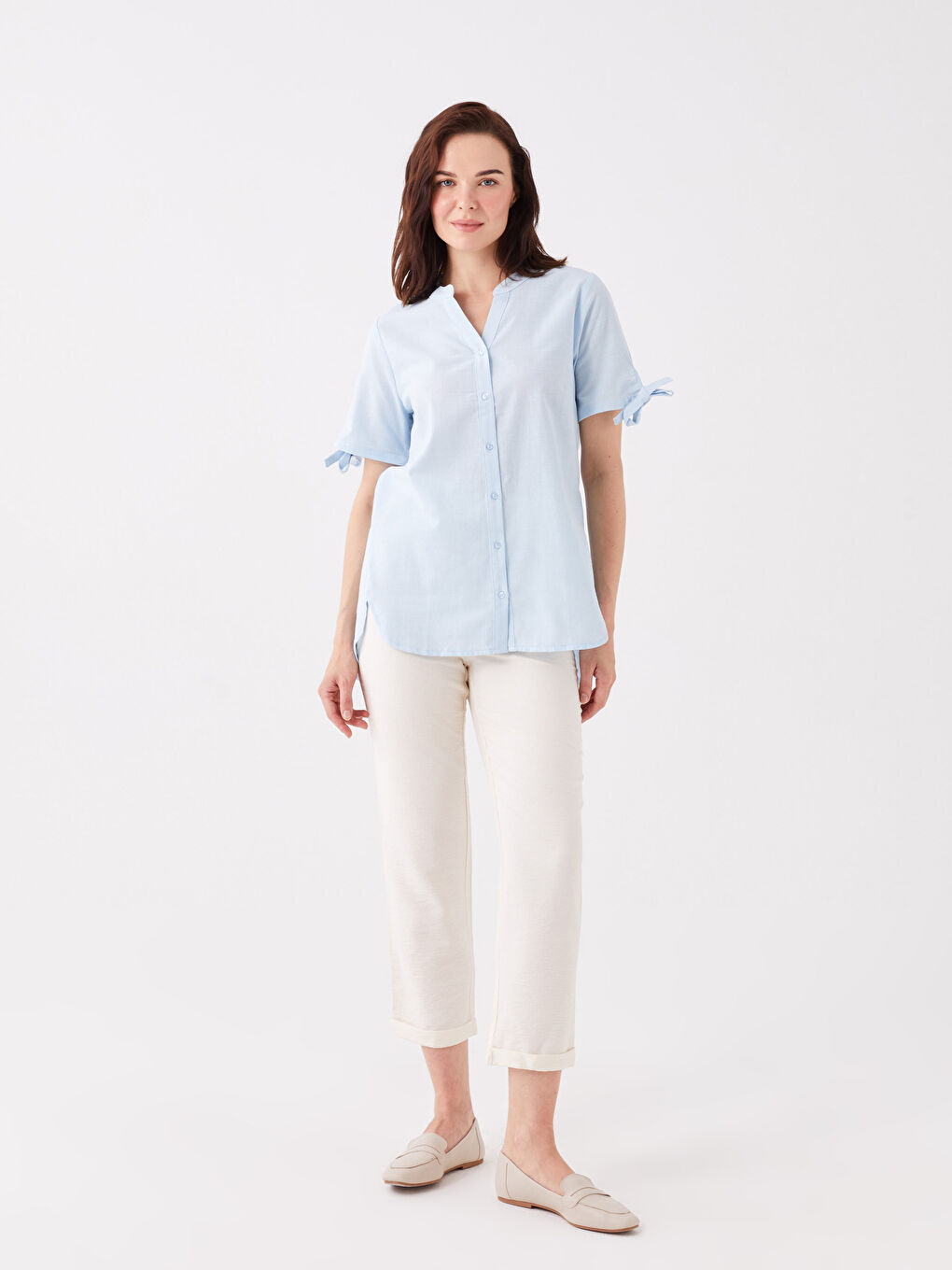 Mavi Kaçık Yaka Düz Kısa Kollu Kadın Bluz-2