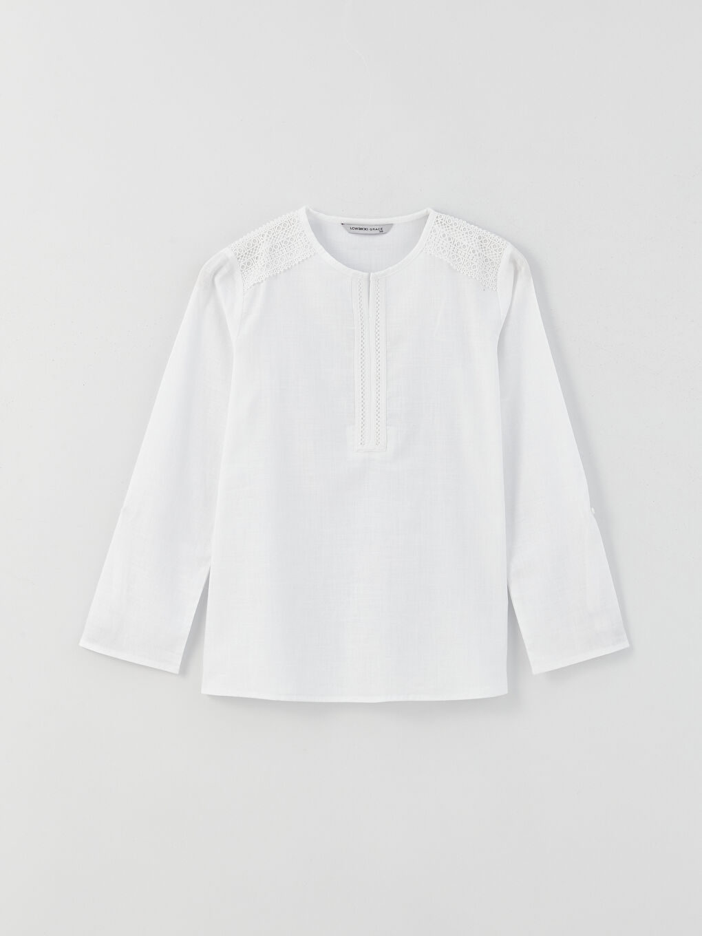 بلوزة بوبلين كم طويل بياقة بشق بتفاصيل دانتيل للسيدات-5