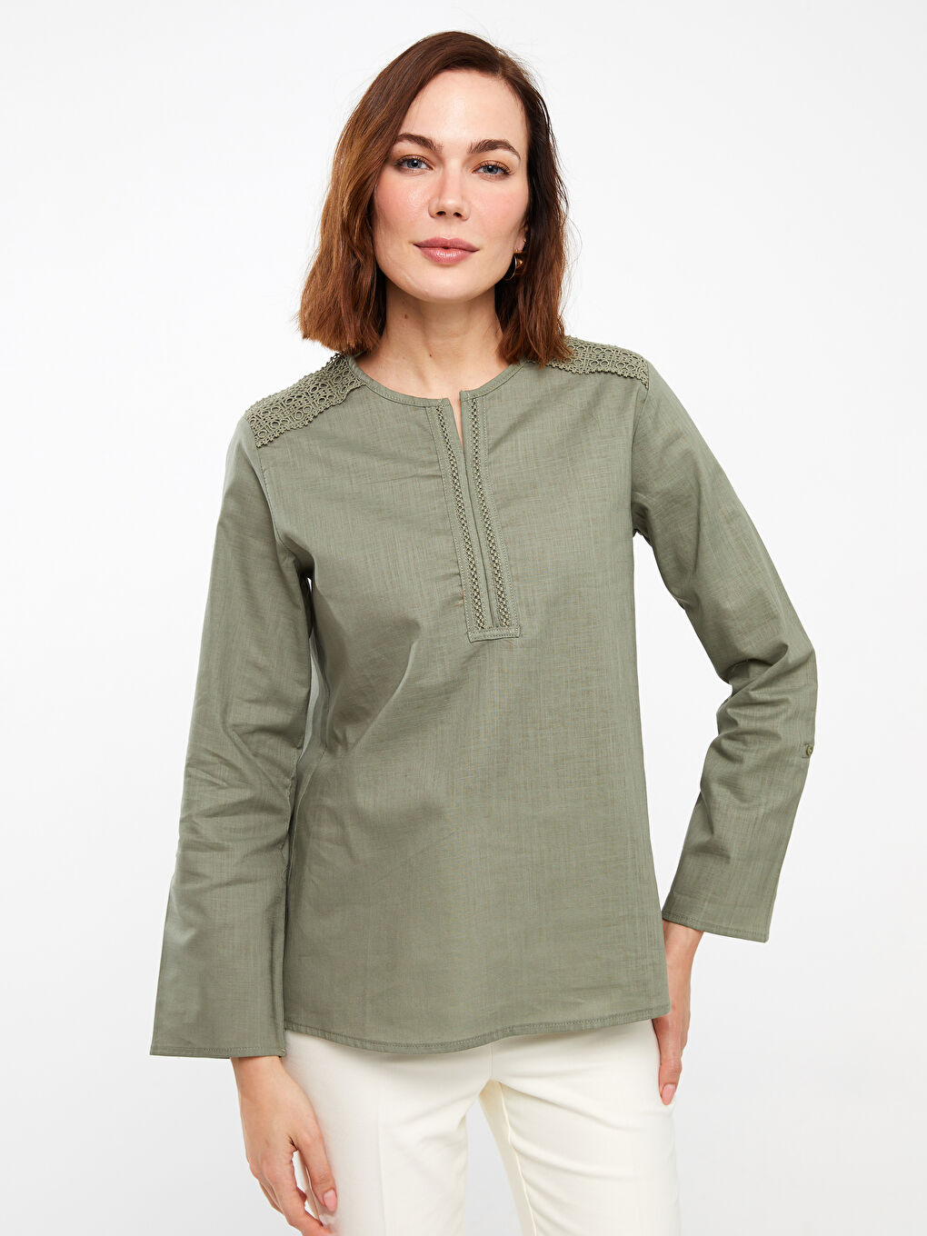 LCW Grace Henley Neckline Lace Detailed Long Sleeve Poplin Women's Blouse -S3I582Z8-FJY