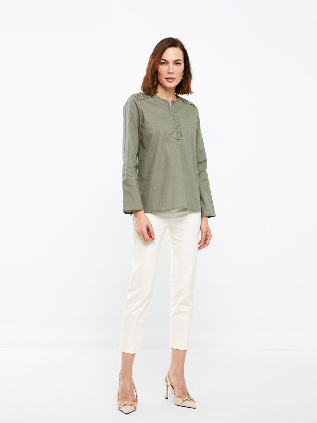 LCW Grace Henley Neckline Lace Detailed Long Sleeve Poplin Women's Blouse -S3I582Z8-FJY