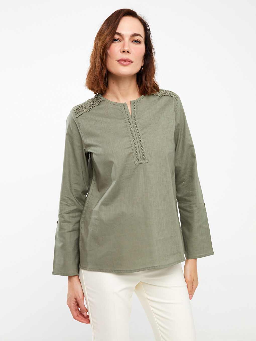 LCW Grace Henley Neckline Lace Detailed Long Sleeve Poplin Women's Blouse -S3I582Z8-FJY