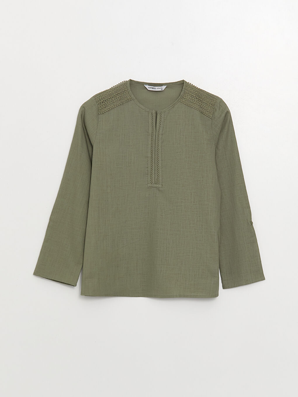 LCW Grace Henley Neckline Lace Detailed Long Sleeve Poplin Women's Blouse -S3I582Z8-FJY