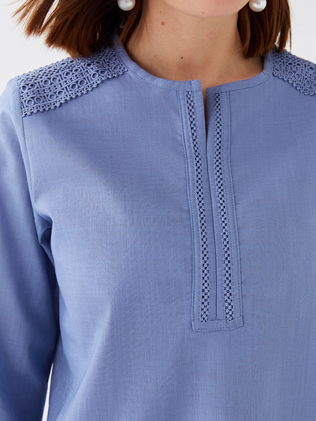 LCW Grace Henley Neckline Lace Detailed Long Sleeve Poplin