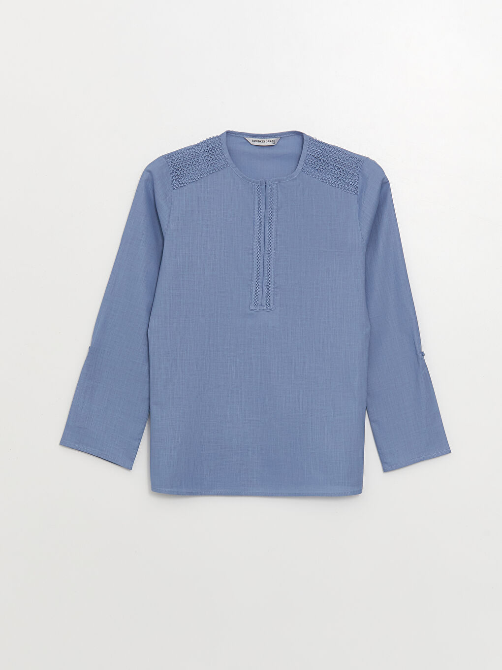 بلوزة بوبلين كم طويل بياقة بشق بتفاصيل دانتيل للسيدات-5