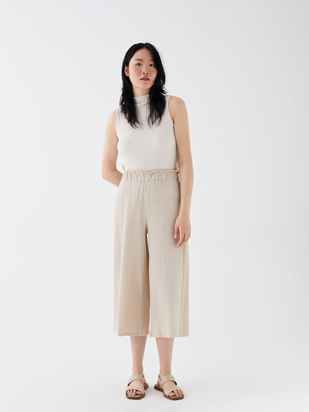 Gri Beli Lastikli Rahat Kalıp Kadın Pantolon