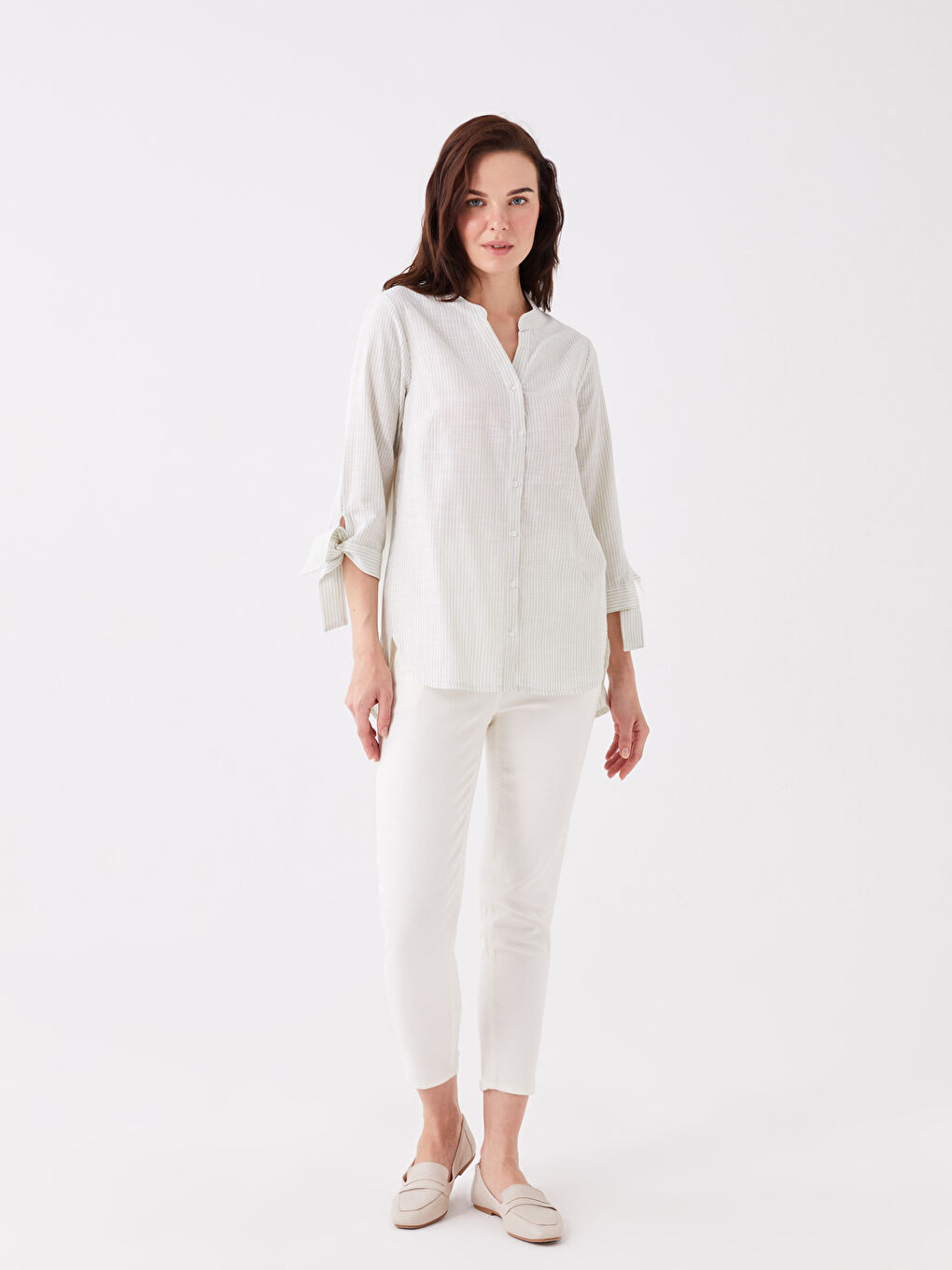 Yeşil Kaçık Yaka Çizgili Kadın Gömlek-2