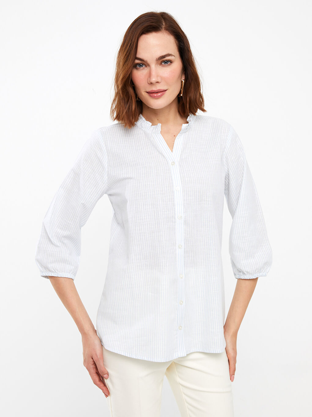 Henley Neckline Striped Poplin Women's Blouse -S3I591Z8-LEH