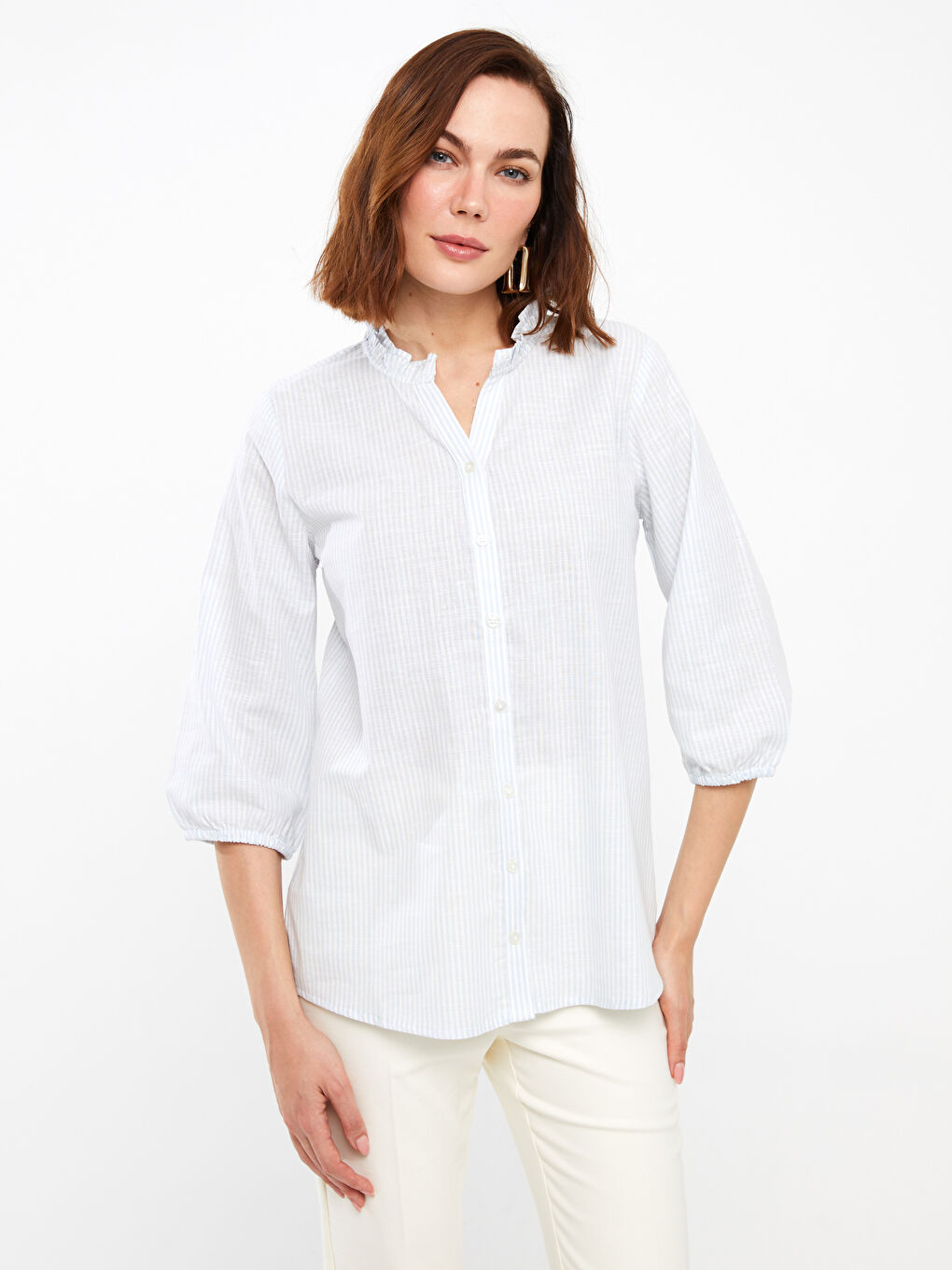Henley Neckline Striped Poplin Women's Blouse -S3I591Z8-LEH