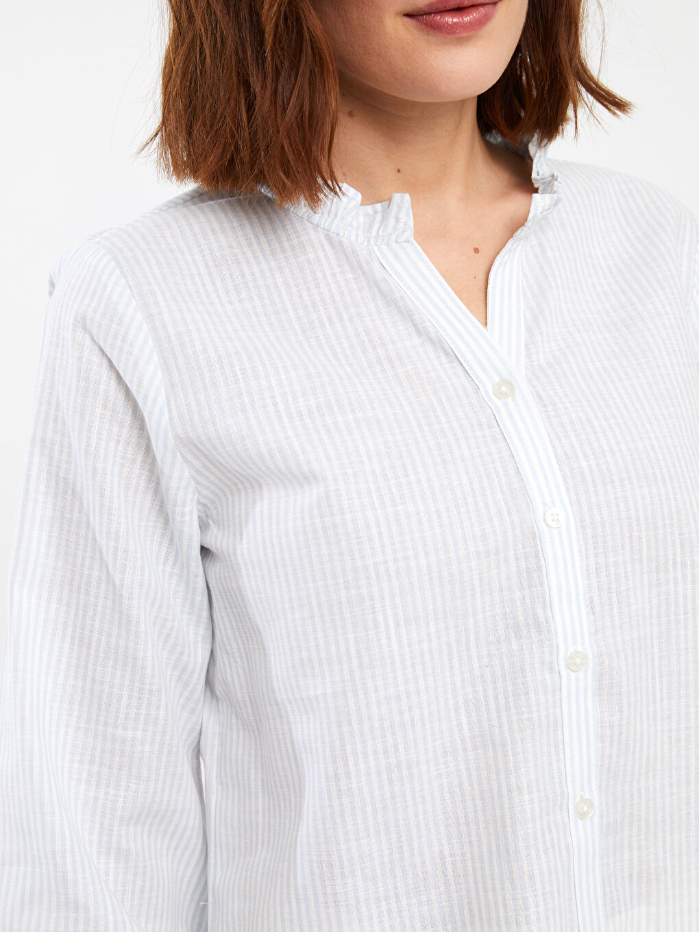 Henley Neckline Striped Poplin Women's Blouse -S3I591Z8-LEH