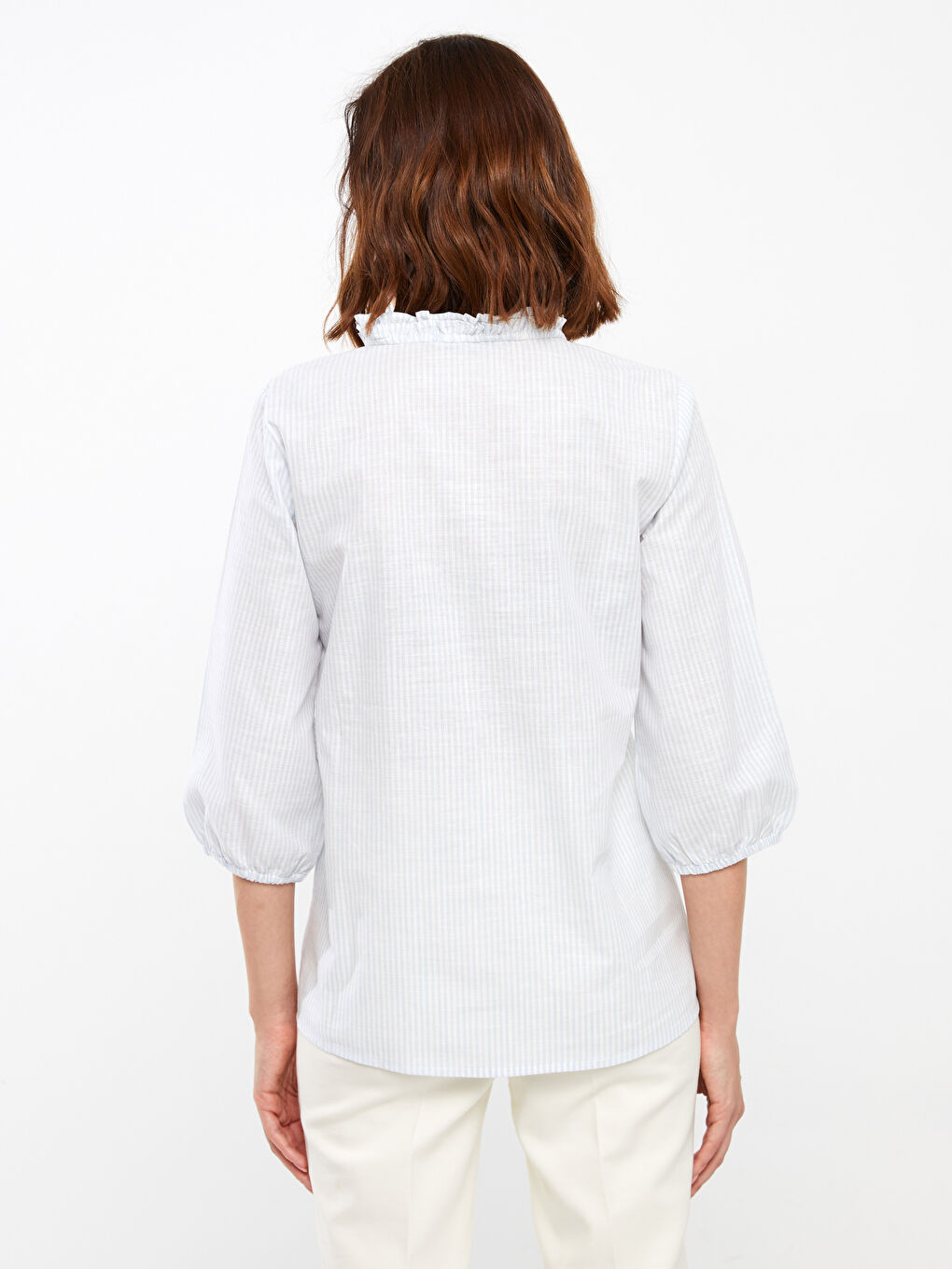 Henley Neckline Striped Poplin Women's Blouse -S3I591Z8-LEH