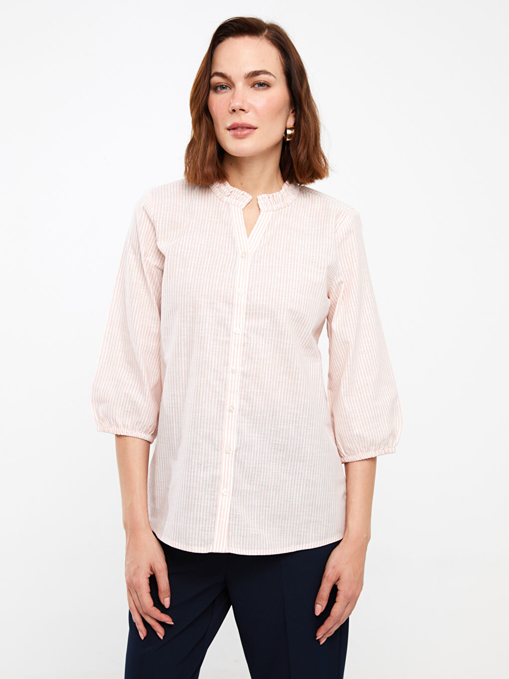 Henley Neckline Striped Poplin Women's Blouse -S3I591Z8-LHK