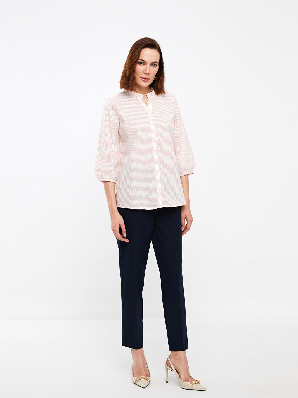 Henley Neckline Striped Poplin Women's Blouse -S3I591Z8-LHK