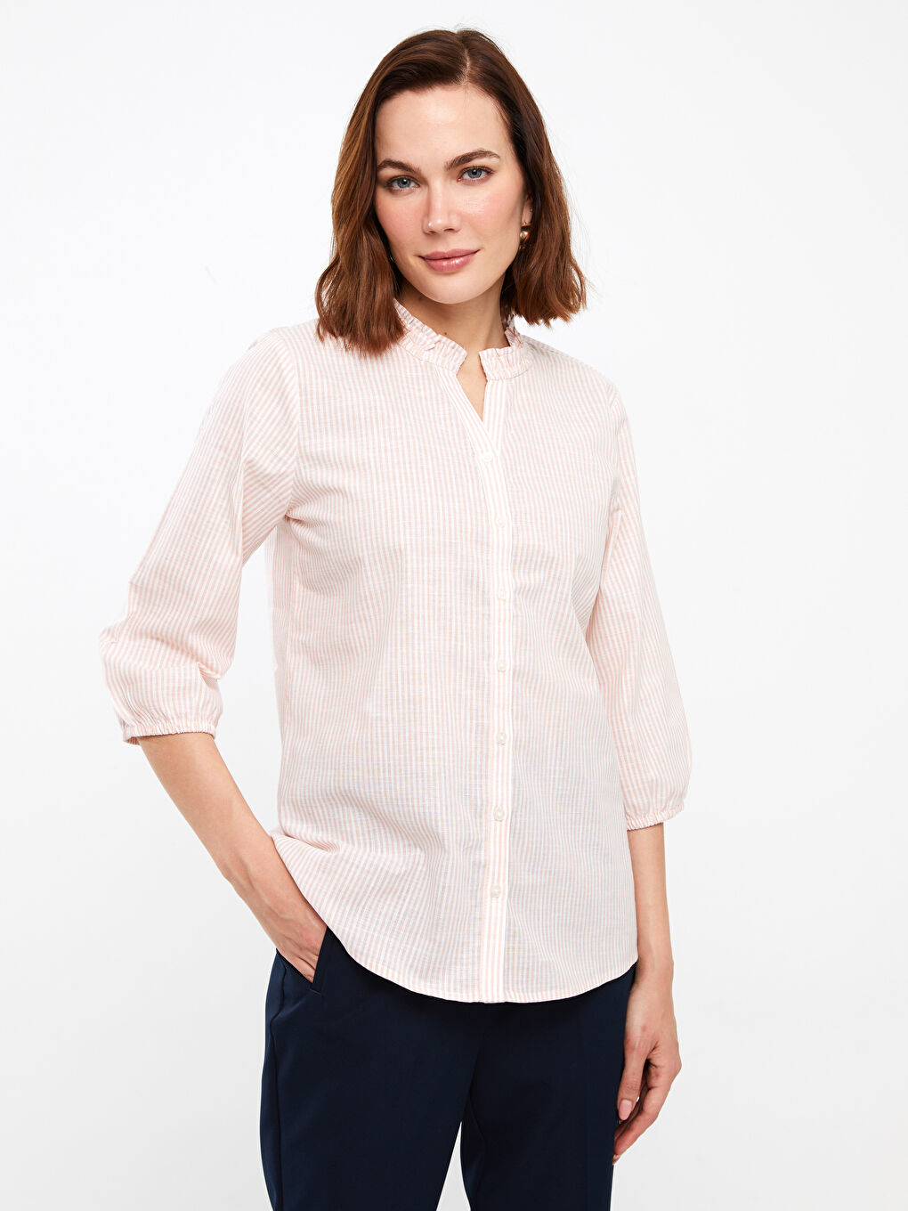 Henley Neckline Striped Poplin Women's Blouse -S3I591Z8-LHK