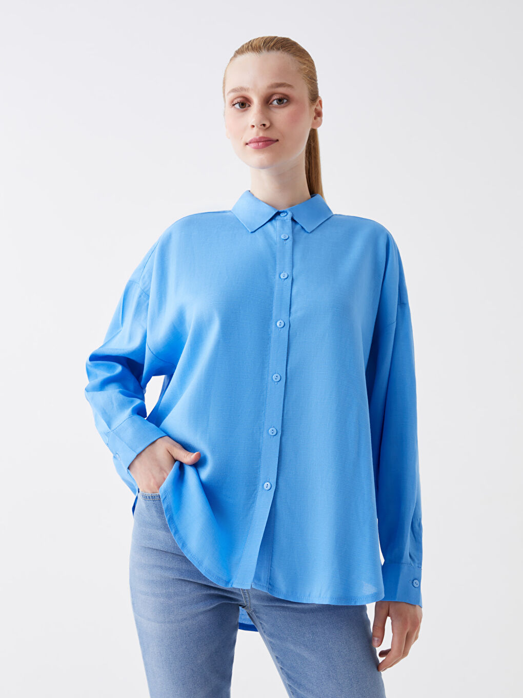 Plain Long Sleeve Oversize Linen Blend Women's Shirt-1
