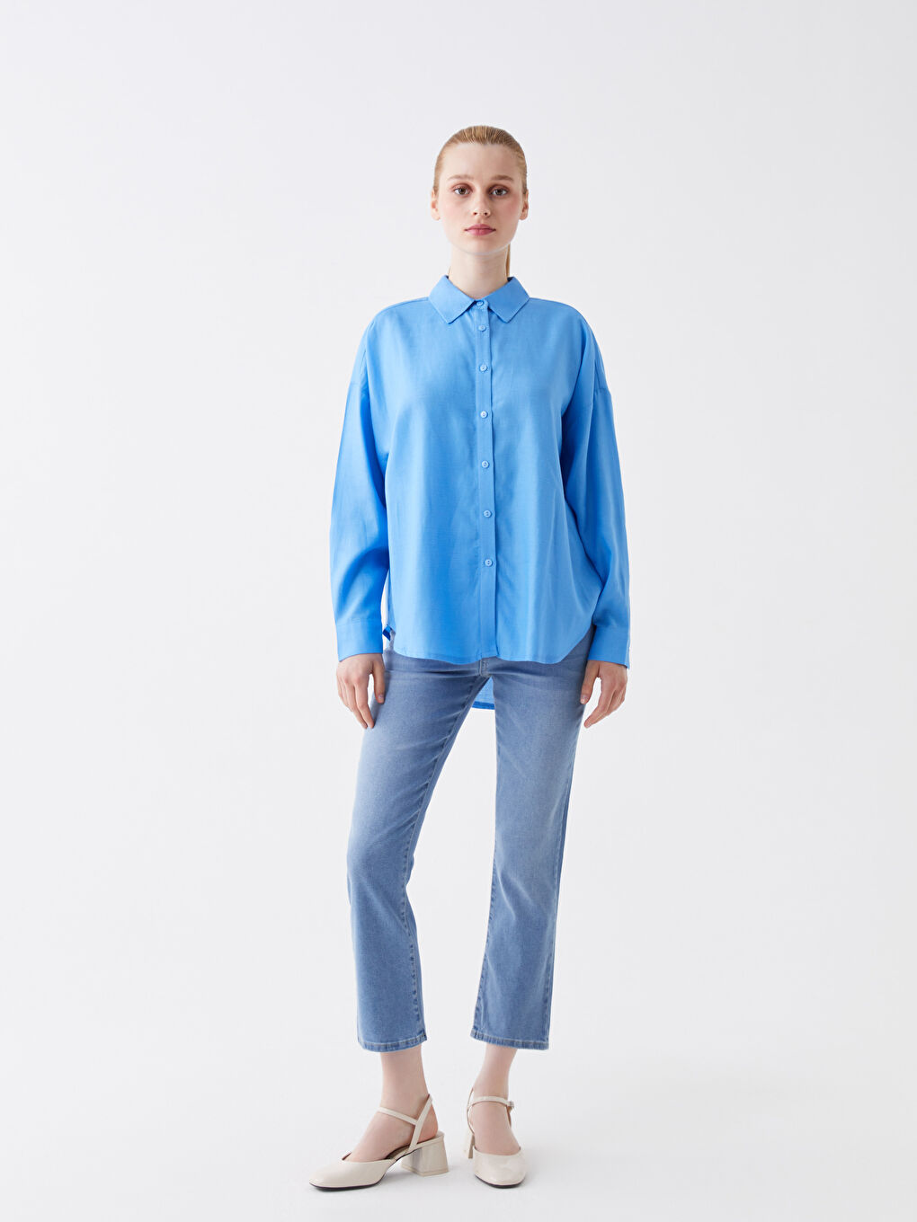 Plain Long Sleeve Oversize Linen Blend Women's Shirt-2