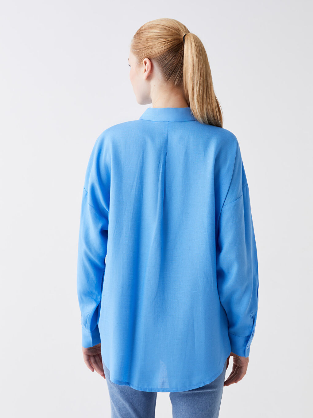 Plain Long Sleeve Oversize Linen Blend Women's Shirt-4