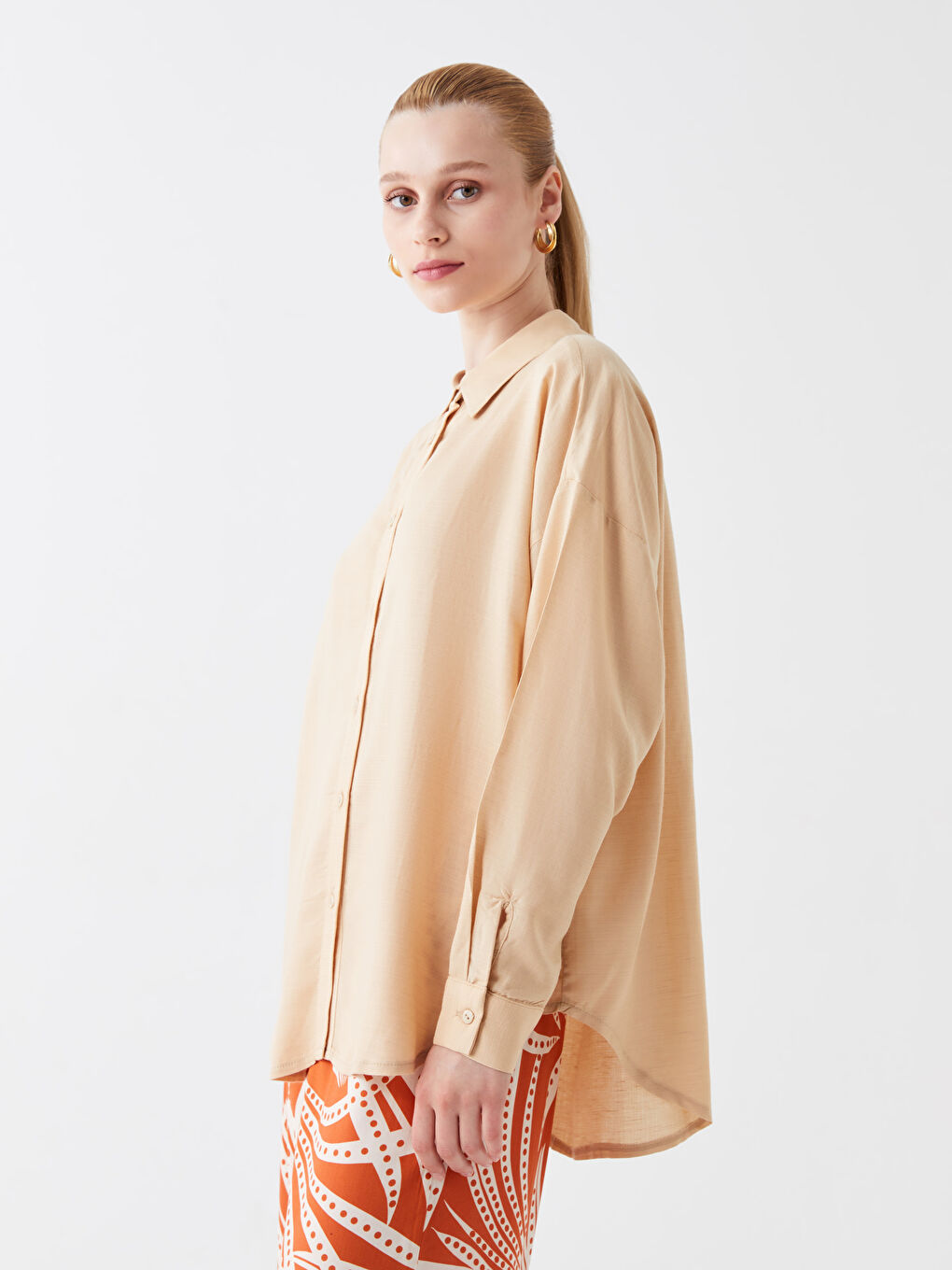 Plain Long Sleeve Oversize Linen Blend Women's Shirt-1