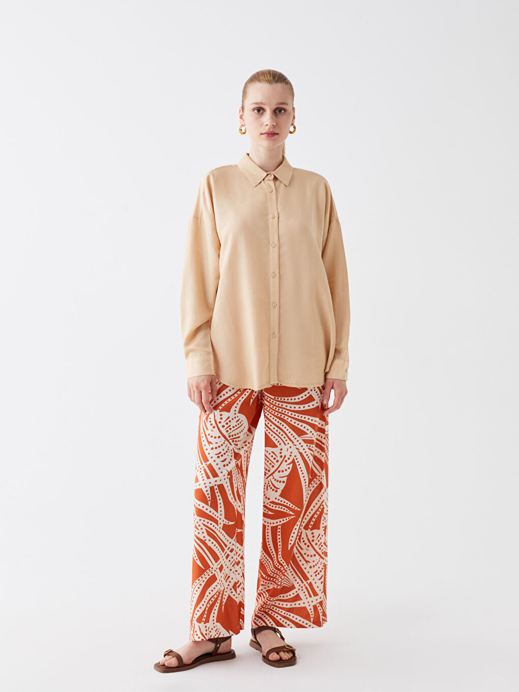 Plain Long Sleeve Oversize Linen Blend Women's Shirt-2