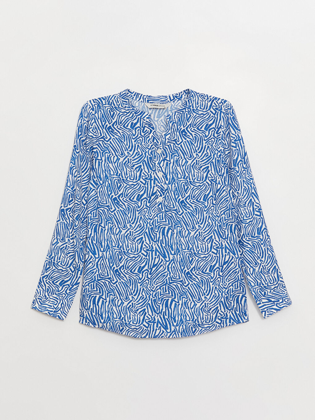 Mavi Kaçık Yaka Desenli Uzun Kollu Kadın Bluz-5