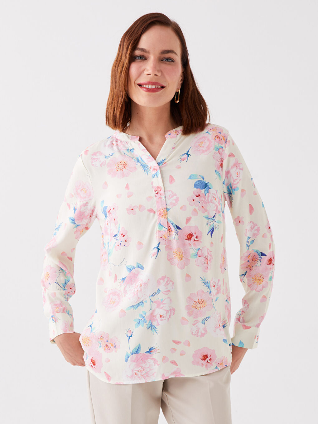 Notch Neck Floral Long Sleeve Women's Blouse