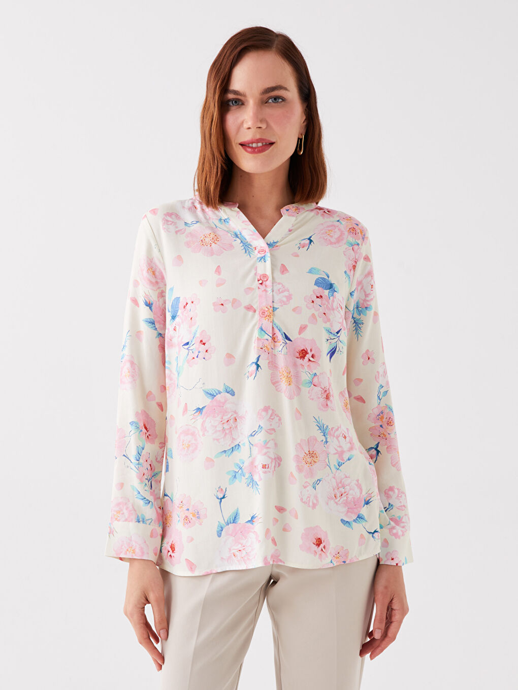 Notch Neck Floral Long Sleeve Women's Blouse-1