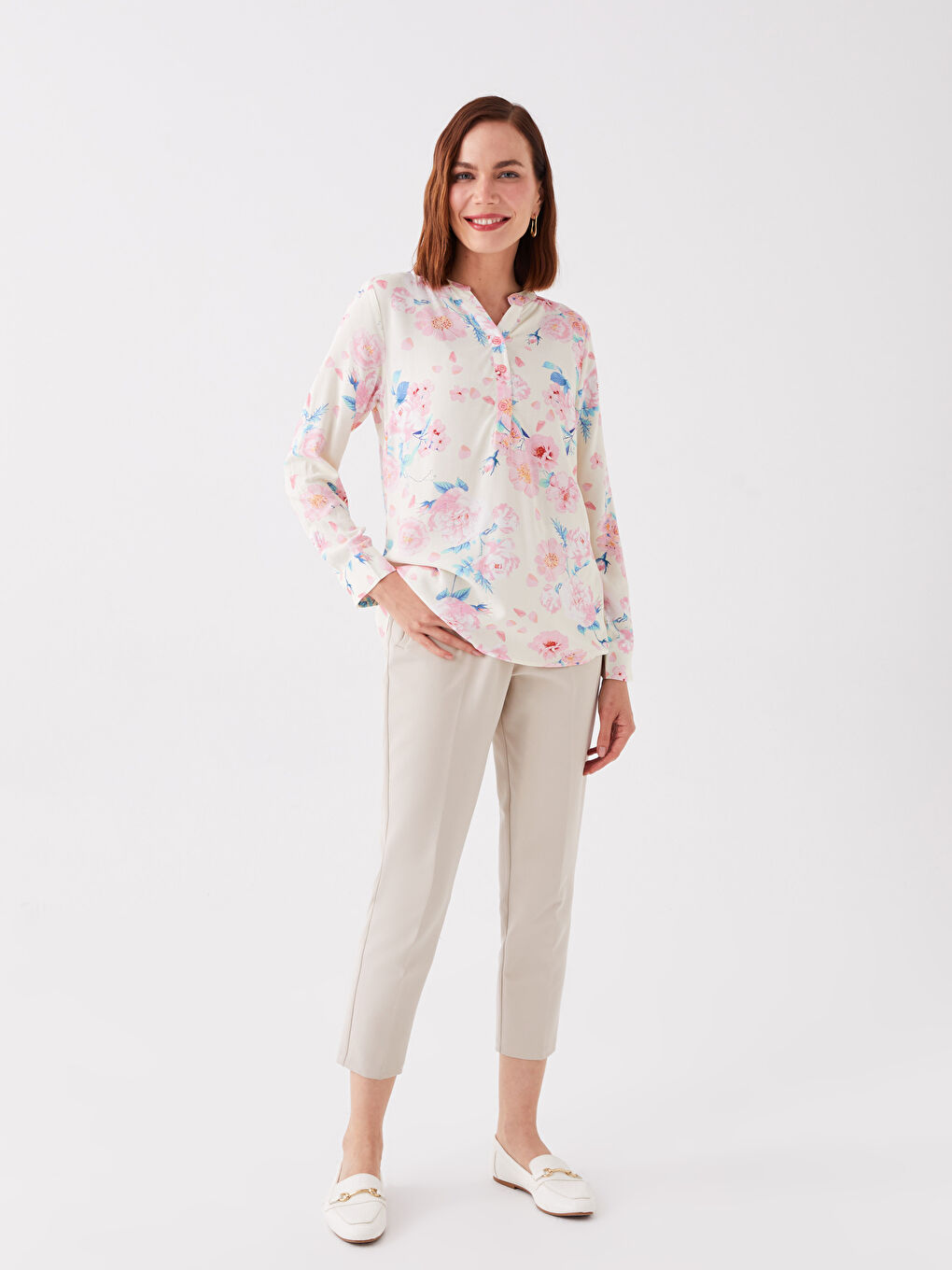 Notch Neck Floral Long Sleeve Women's Blouse-2