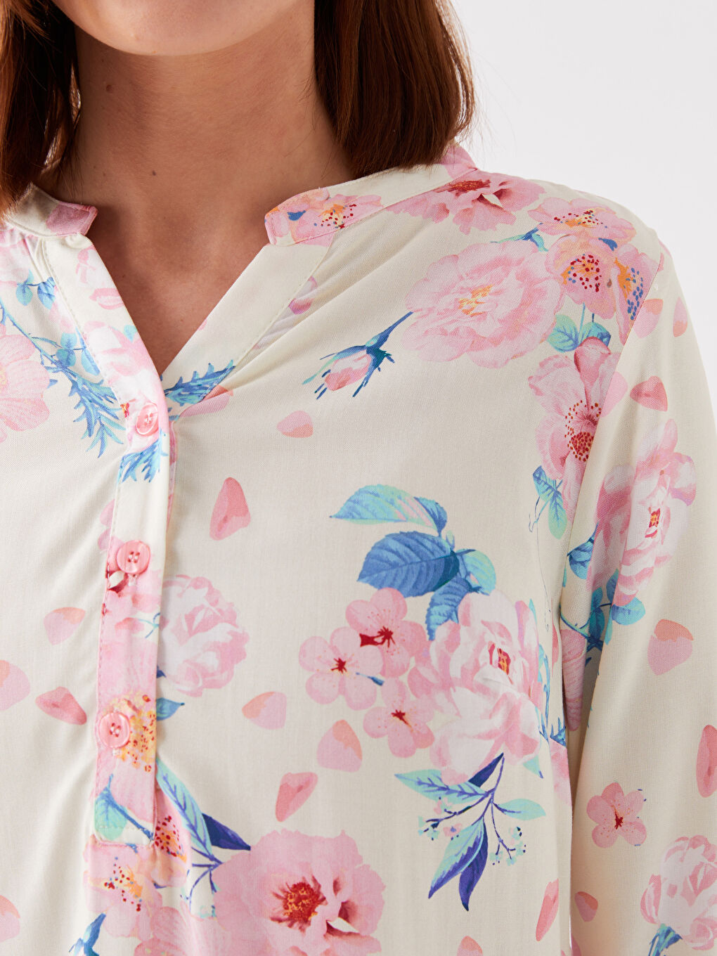 Notch Neck Floral Long Sleeve Women's Blouse-3