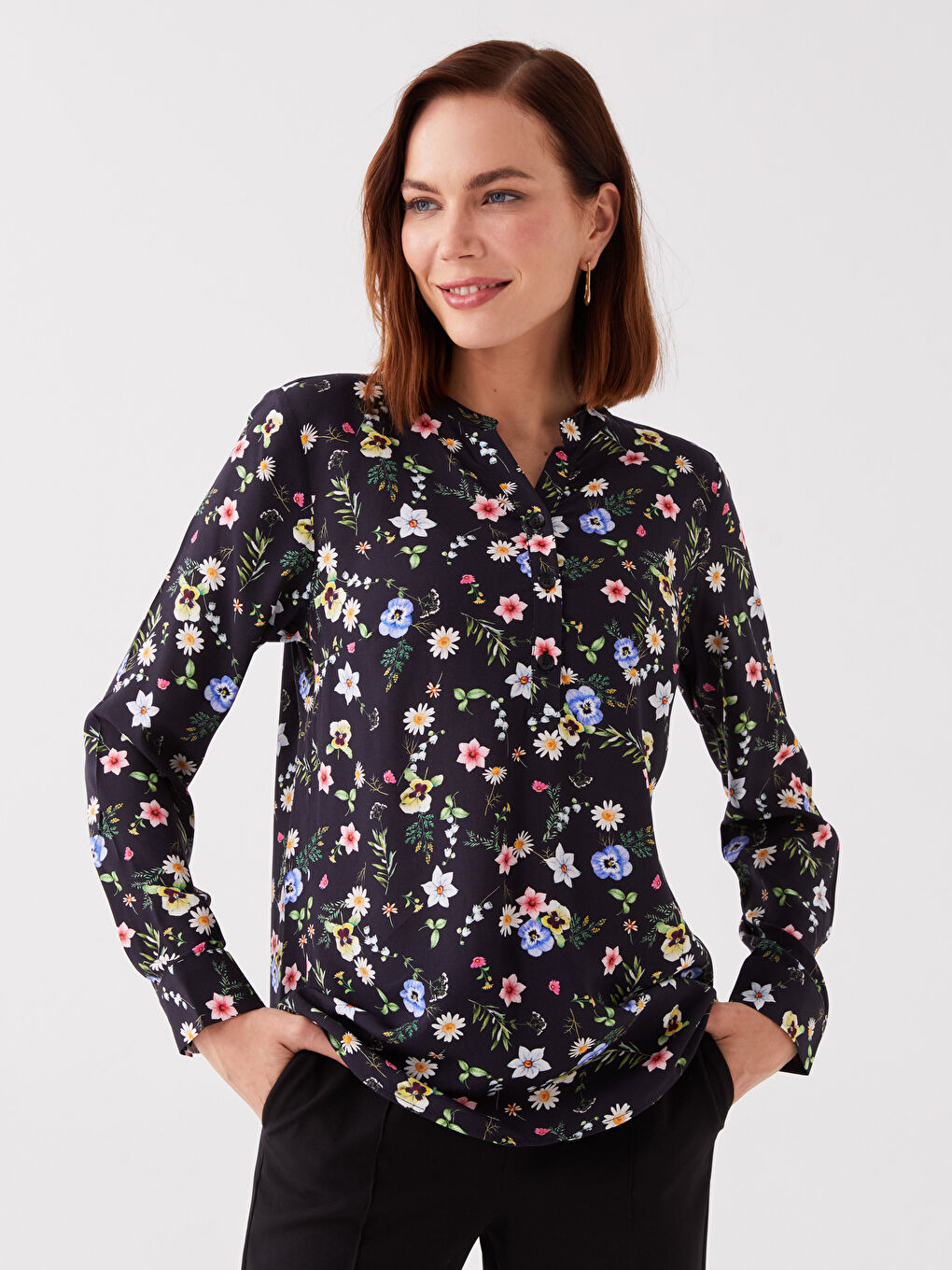 Notch Neck Floral Long Sleeve Women's Blouse