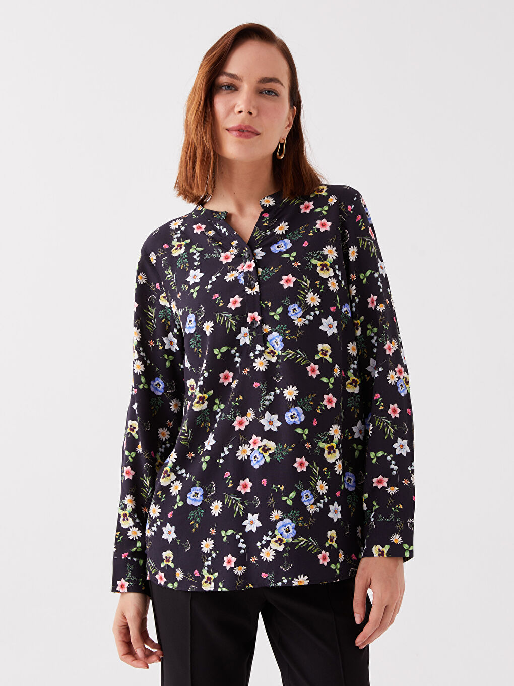Notch Neck Floral Long Sleeve Women's Blouse-1