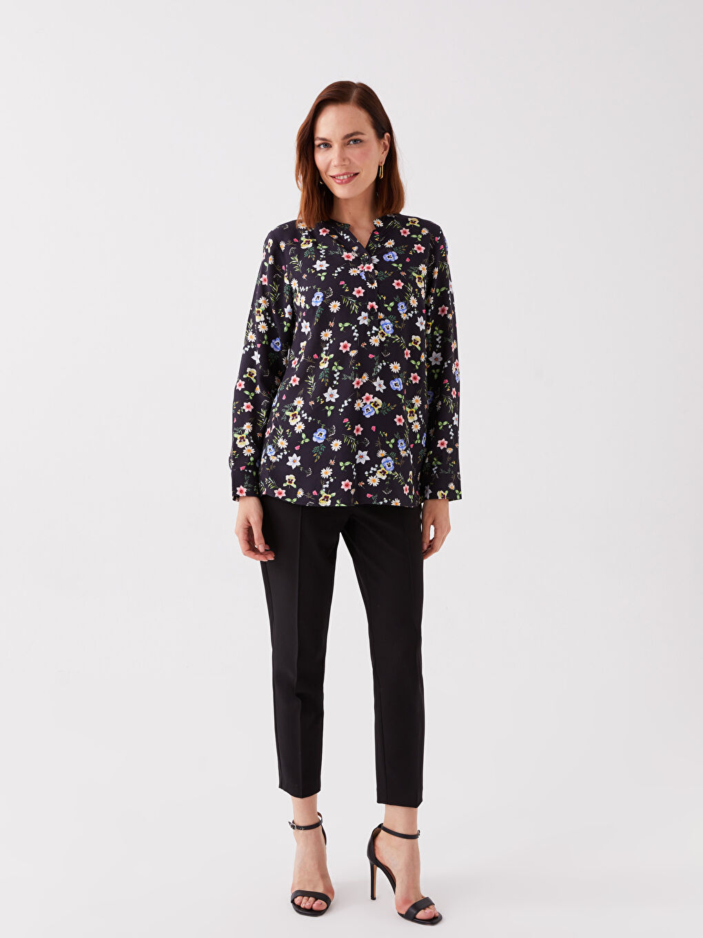 Notch Neck Floral Long Sleeve Women's Blouse-2