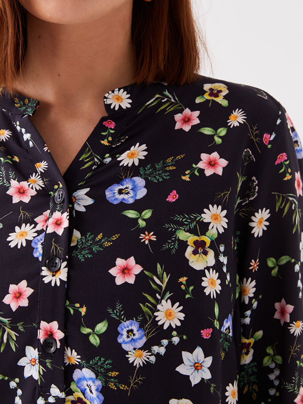 Notch Neck Floral Long Sleeve Women's Blouse-3