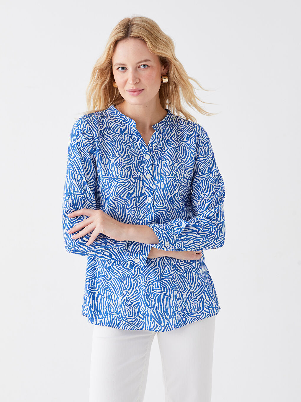 LCW Grace Notch Neck Patterned Long Sleeve Women's Blouse